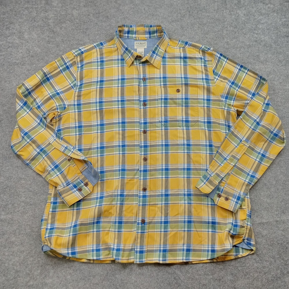 LL Bean Shirt Mens Large Yellow Blue Plaid Traditional Button Down Casual 513053